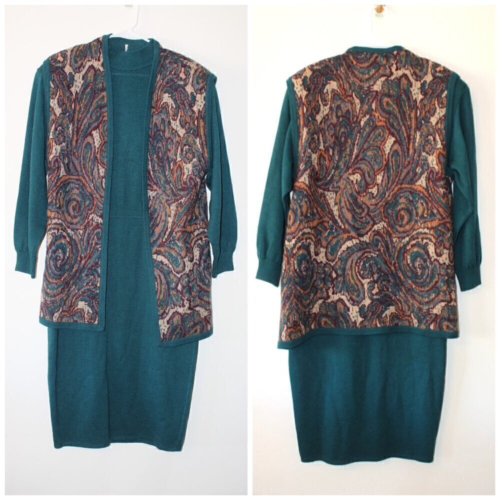 Vintage St John Marie Gray Knit Midi Dress Size 12 Two Pieces USA Teal Career